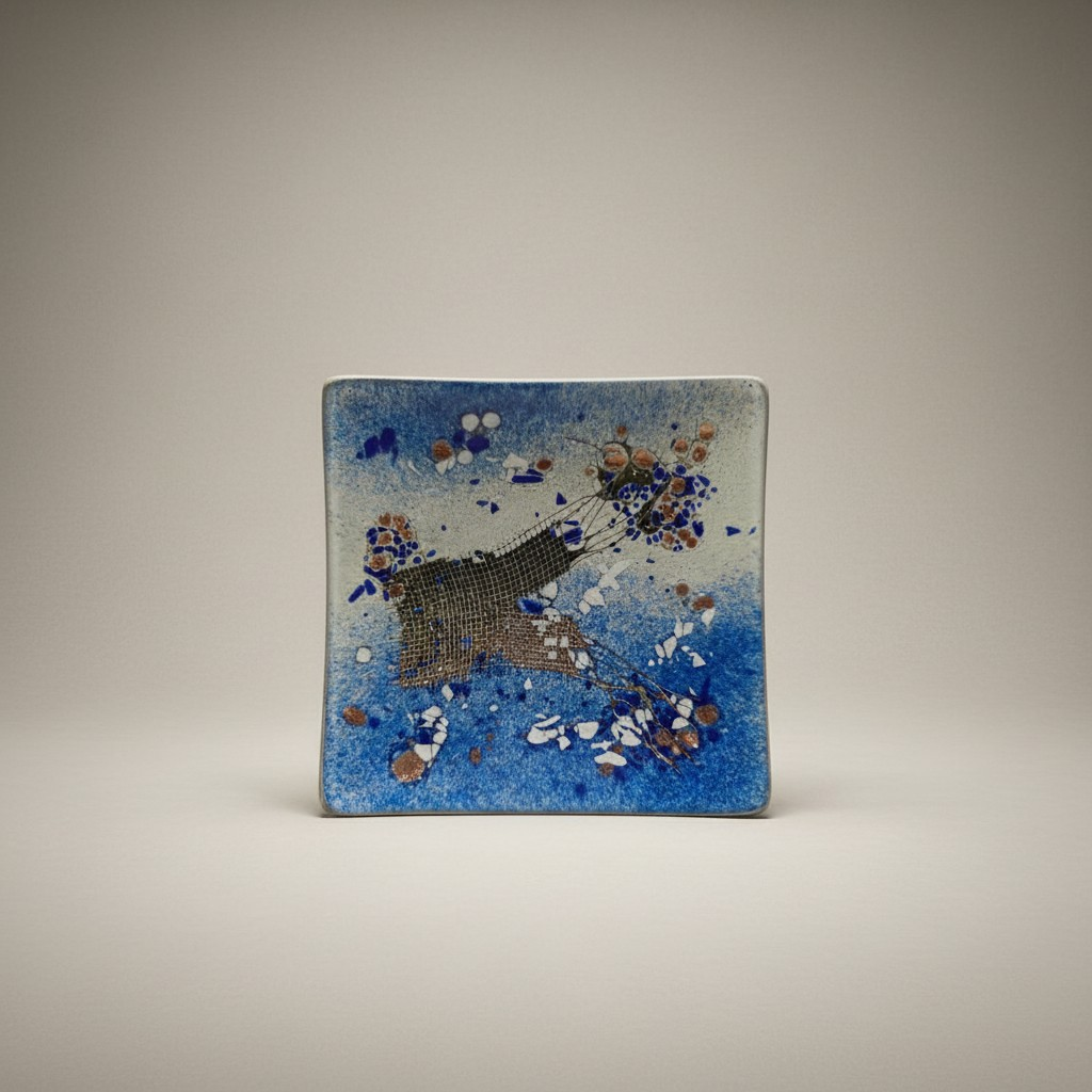 Blauer Glasteller mit kunstvollem Dekor