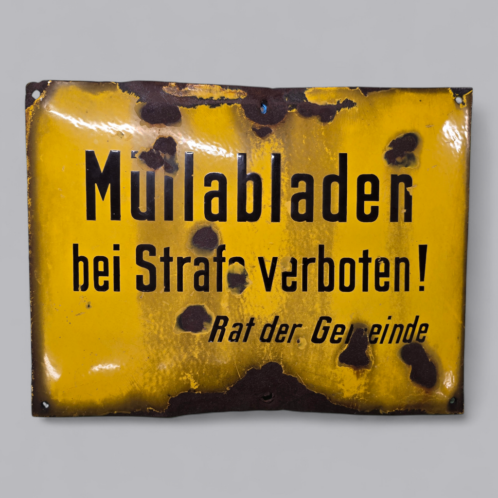 Antikes Emailleschild – "Müllabladen bei Strafe verboten!"