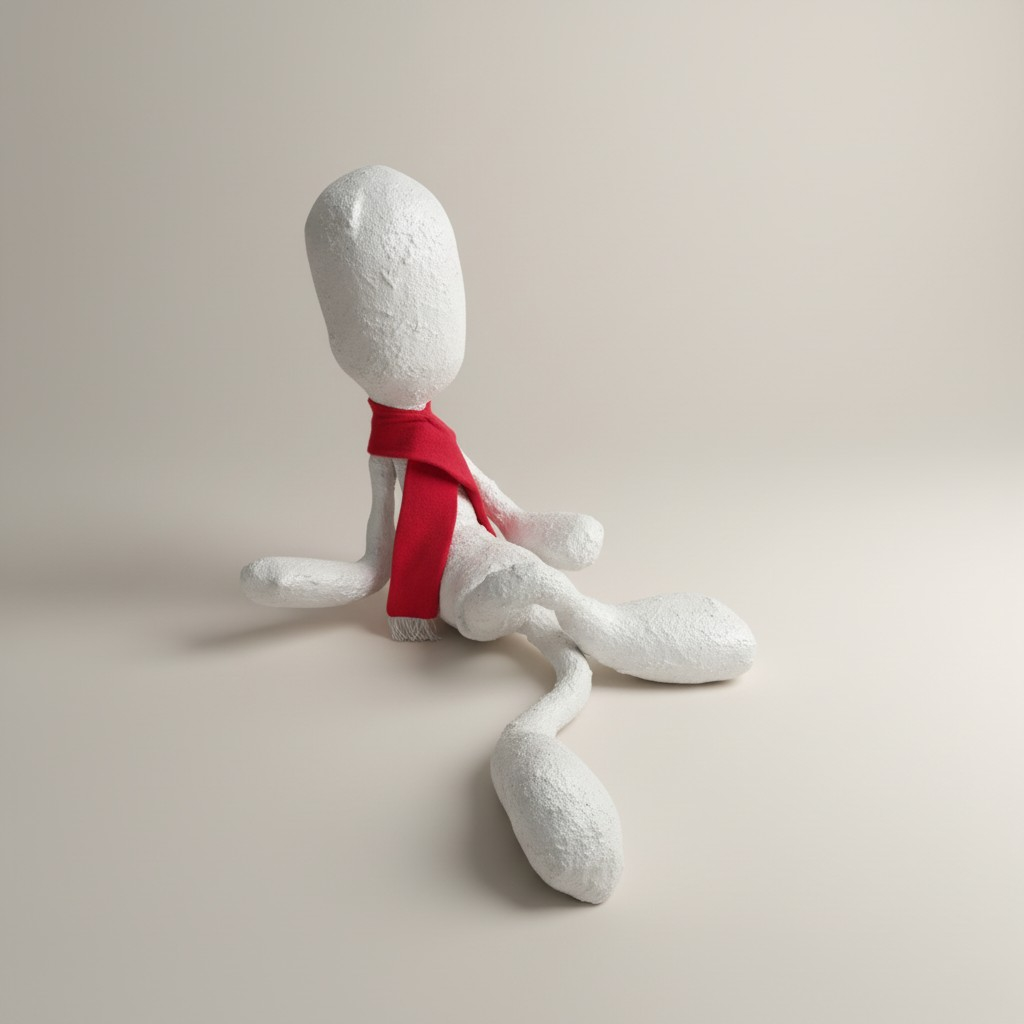 Abstrakte Skulptur – Sitzende Figur mit rotem Schal