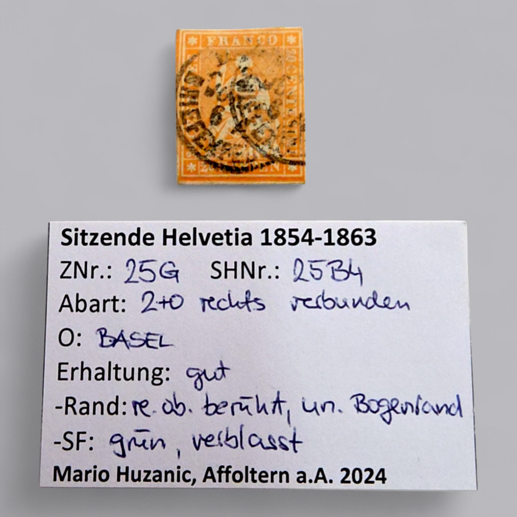 Sitzende Helvetia 1854–1863 – 15 Rappen Orange, gestempelt Basel