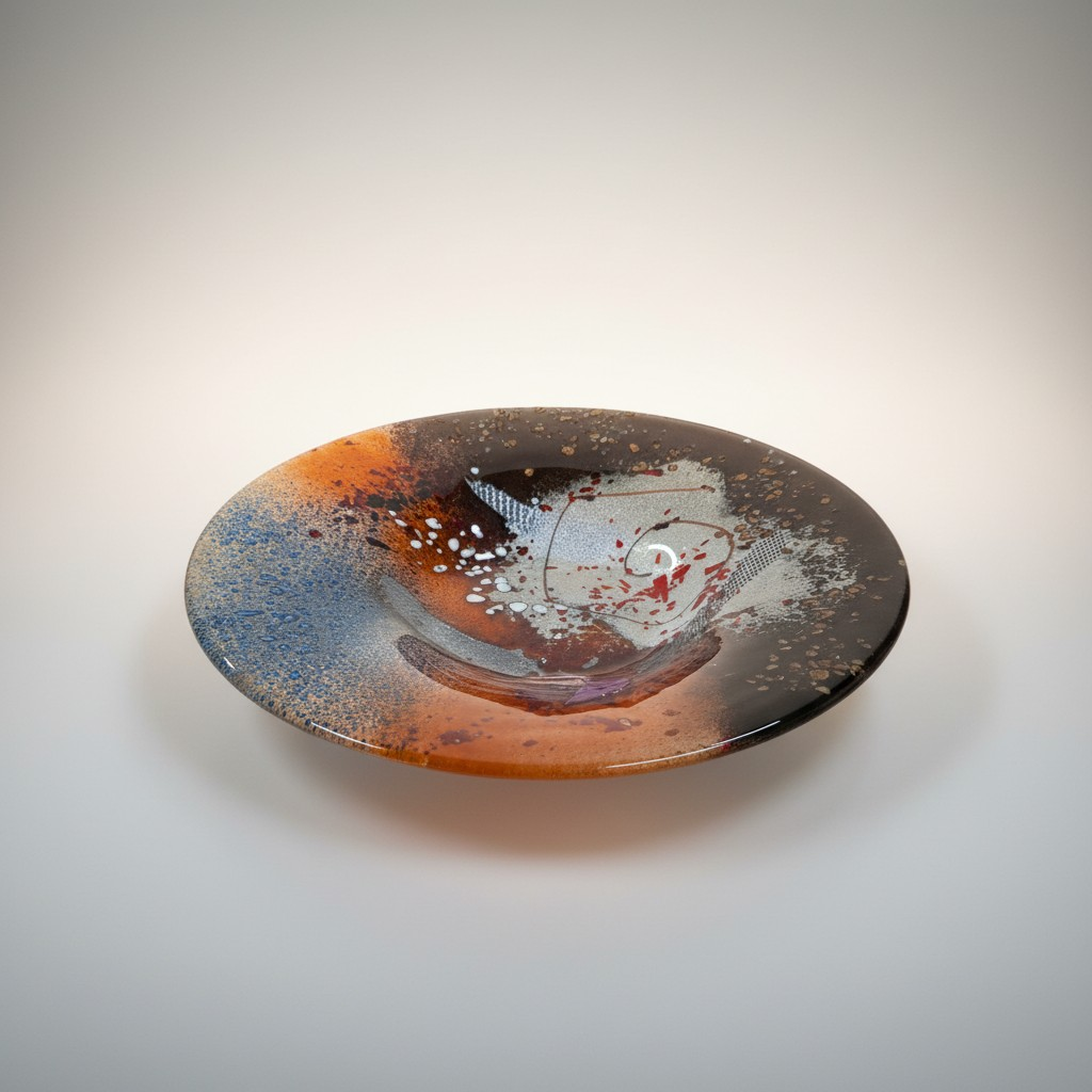 Abstrakter Glaskunst-Teller mit kosmischem Farbspiel