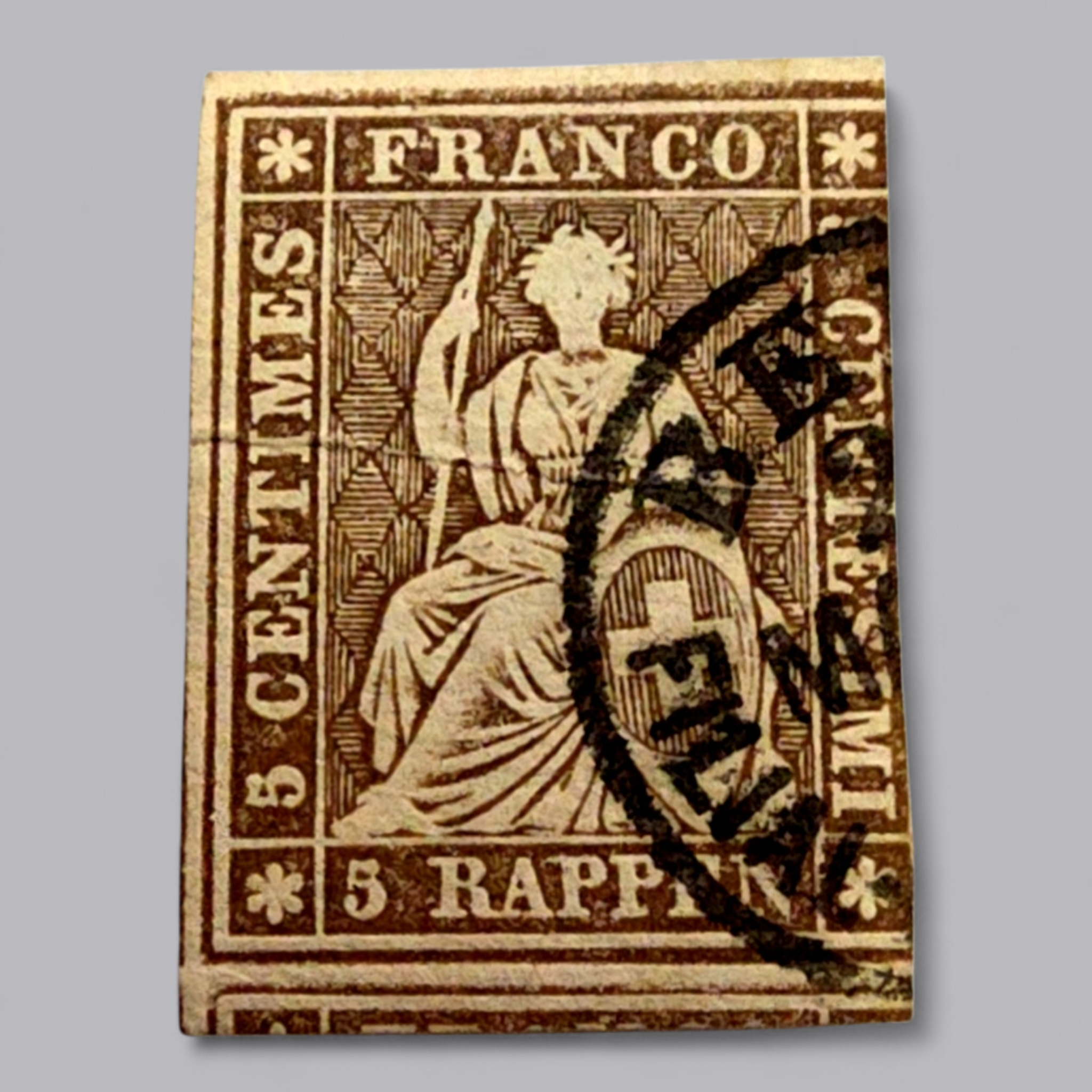 Sitzende Helvetia 1854–1863 – 5 Rappen Braun, gestempelt mit grünem Stempel