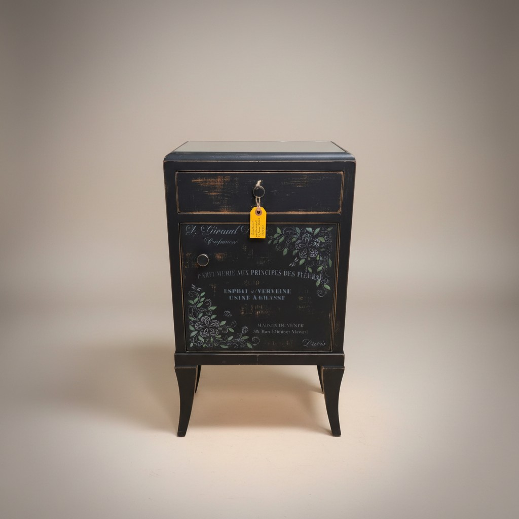 Charmanter Vintage-Nachttisch: Dunkle Eleganz mit Charakter