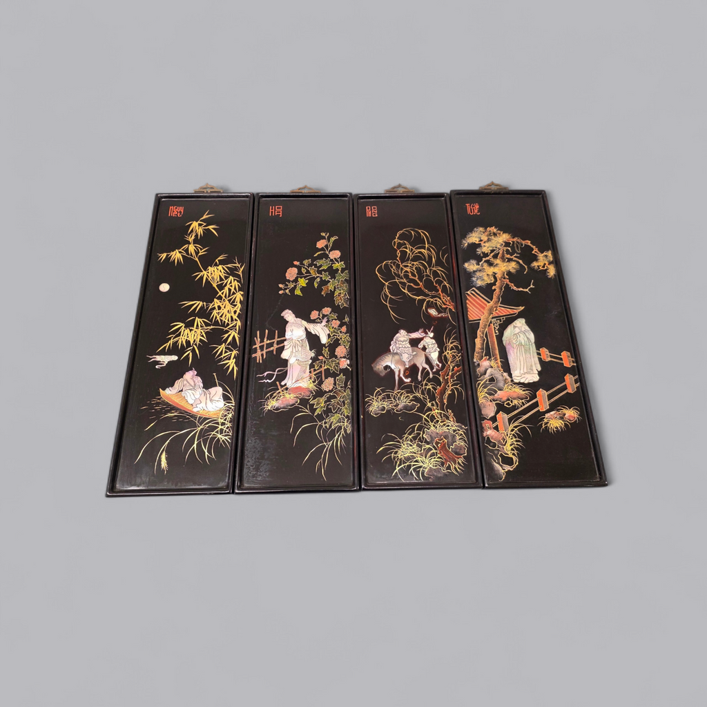 Vietnamesische Wandtafeln „Thành Lễ“ – 4-teiliges Set mit Perlmutteinlagen (je ca. 30 × 10 cm)