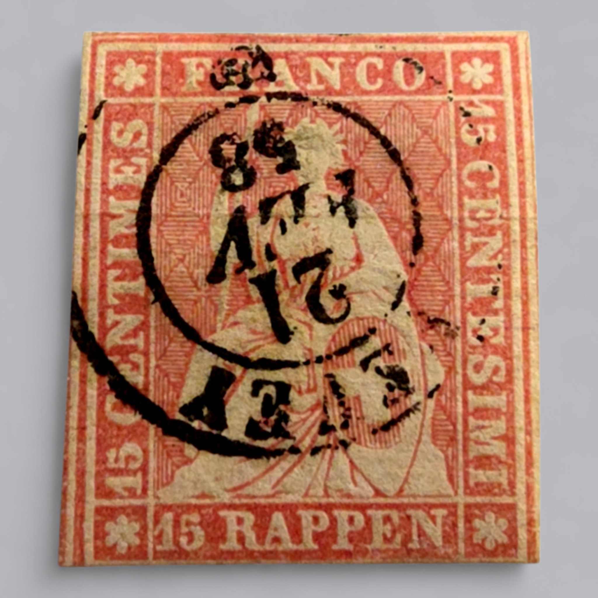 Sitzende Helvetia 1854–1863 – 15 Rappen Rot, gestempelt „Vevey 1858“