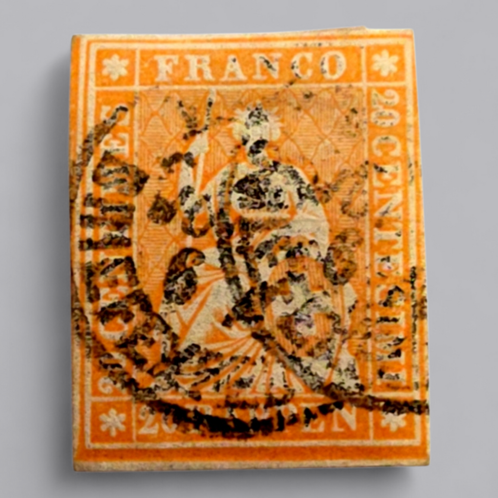 Sitzende Helvetia 1854–1863 – 15 Rappen Orange, gestempelt Basel