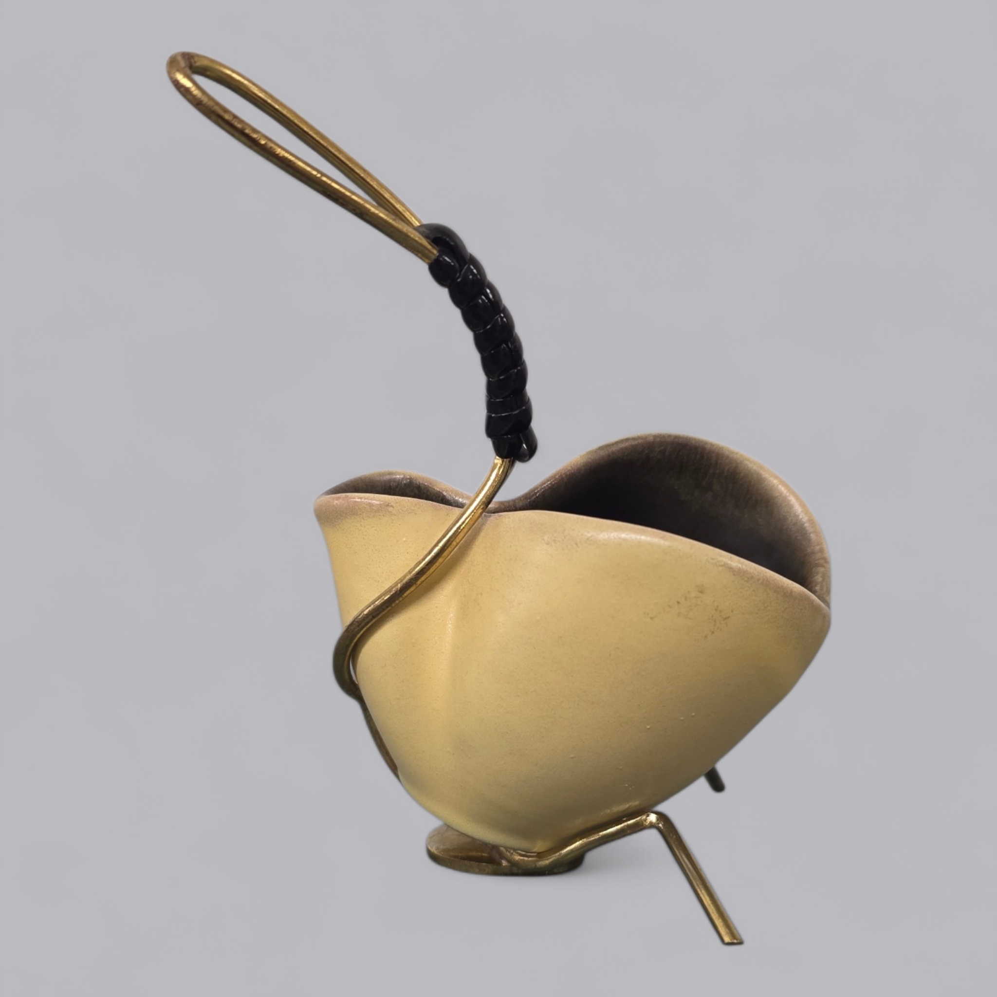 Mid-Century Designschale Gelb-Schwarz mit Messinghalterung