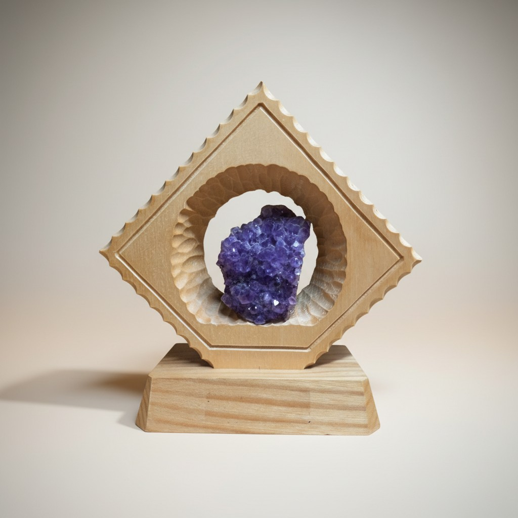 Handgearbeitetes Amethyst-Arrangement im Holzrahmen