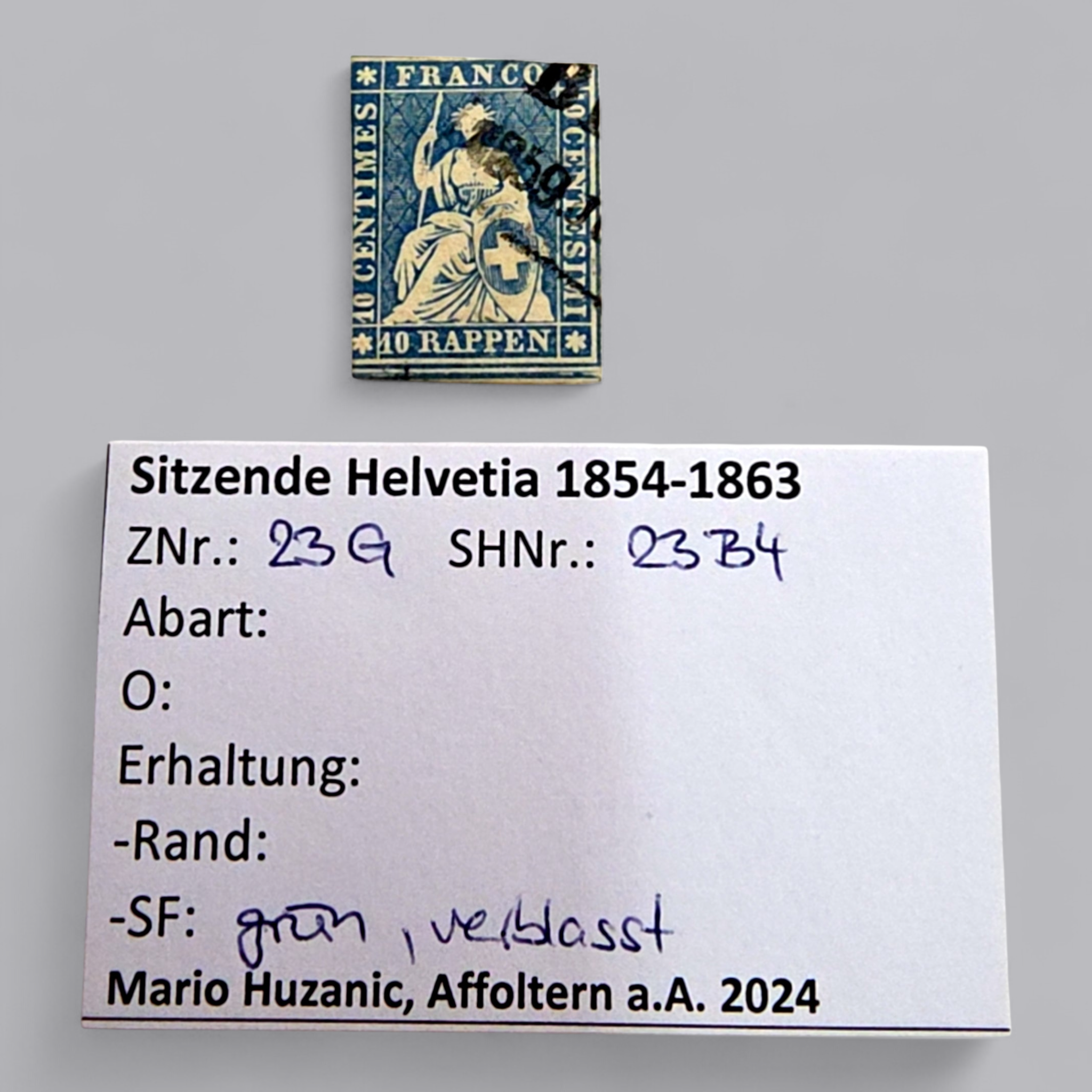 Sitzende Helvetia 1854–1863 – 10 Rappen Blau, gestempelt, klassische Schweiz-Marke