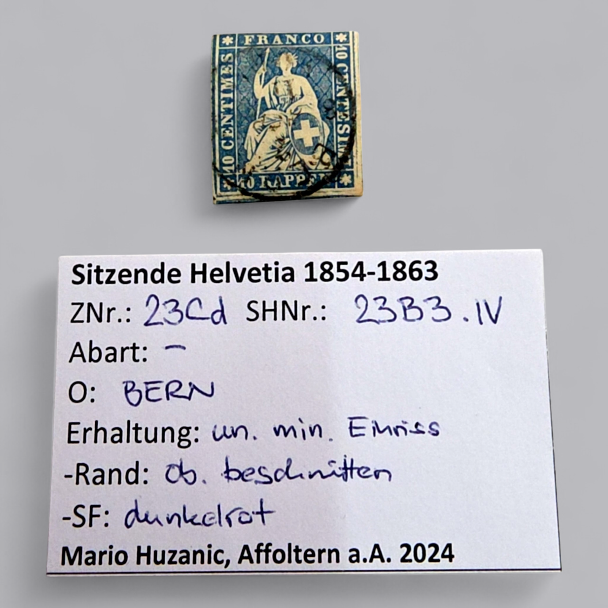 Sitzende Helvetia 1854–1863 – 15 Rappen Dunkelblau, gestempelt Bern