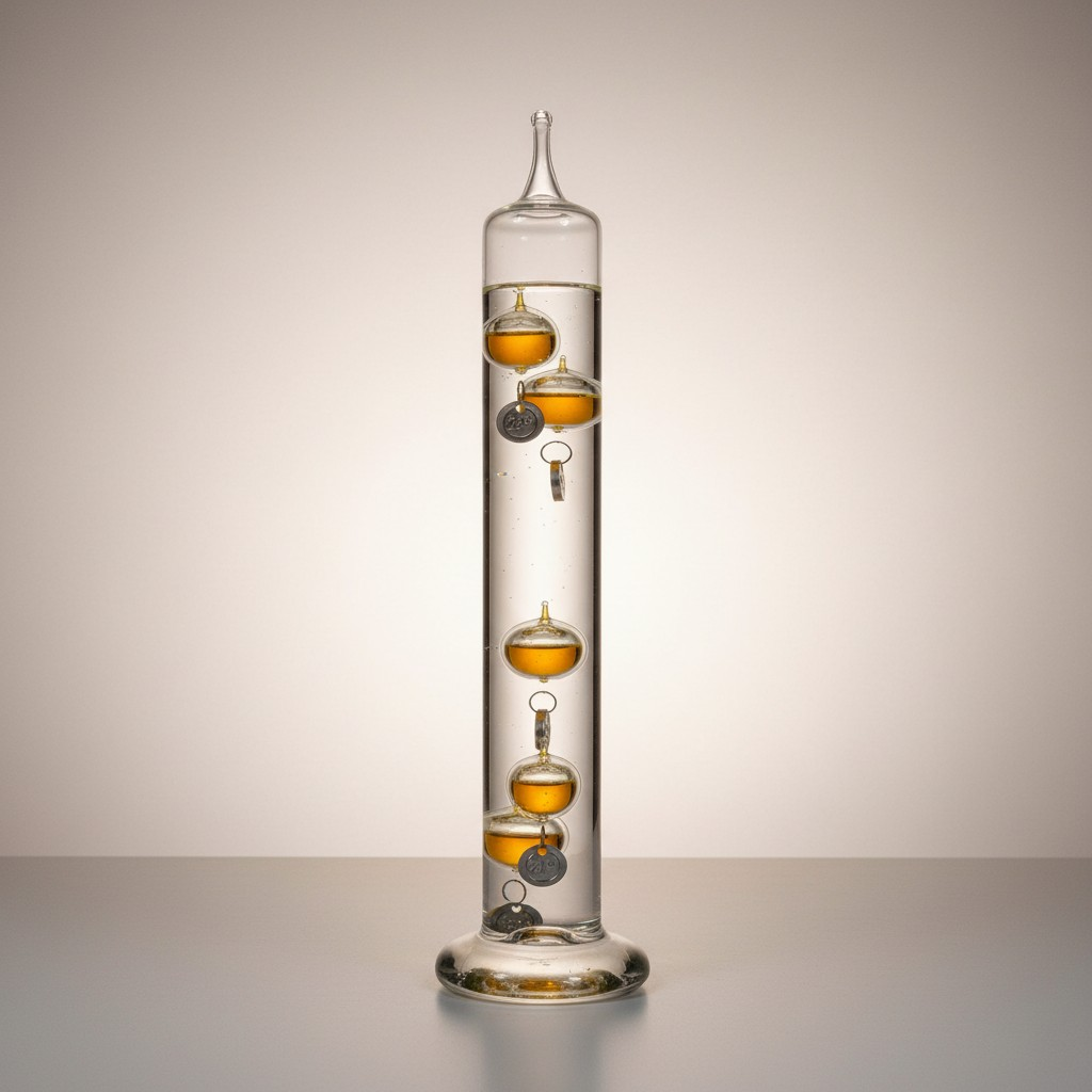 Goldener Tanz der Physik: Edles Galileo-Thermometer mit Bernstein-Akzenten