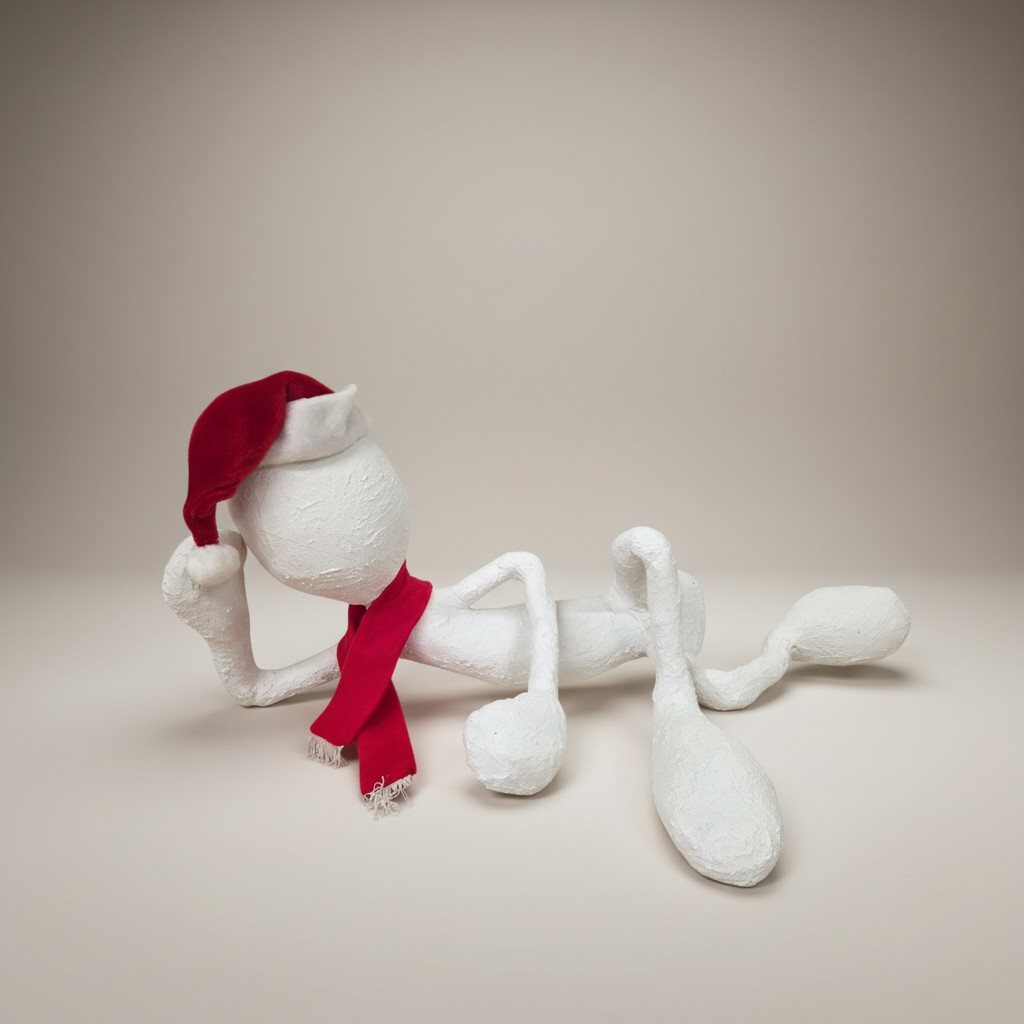 Abstrakte Gips-Skulptur – Sitzende Figur mit Weihnachtsmütze