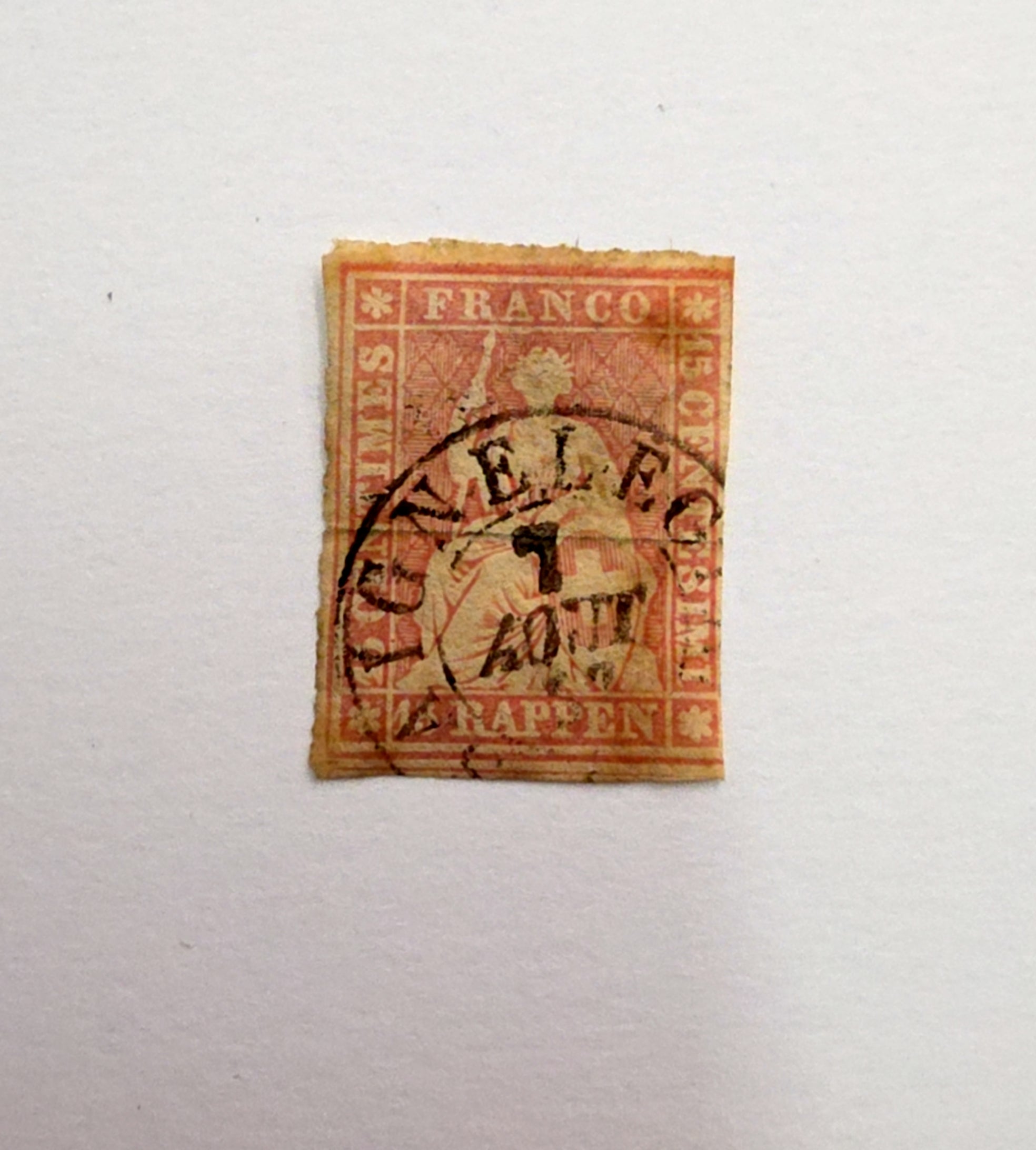Sitzende Helvetia 1854–1863 – 15 Rappen Marke, gestempelt SAIGNELEGIER