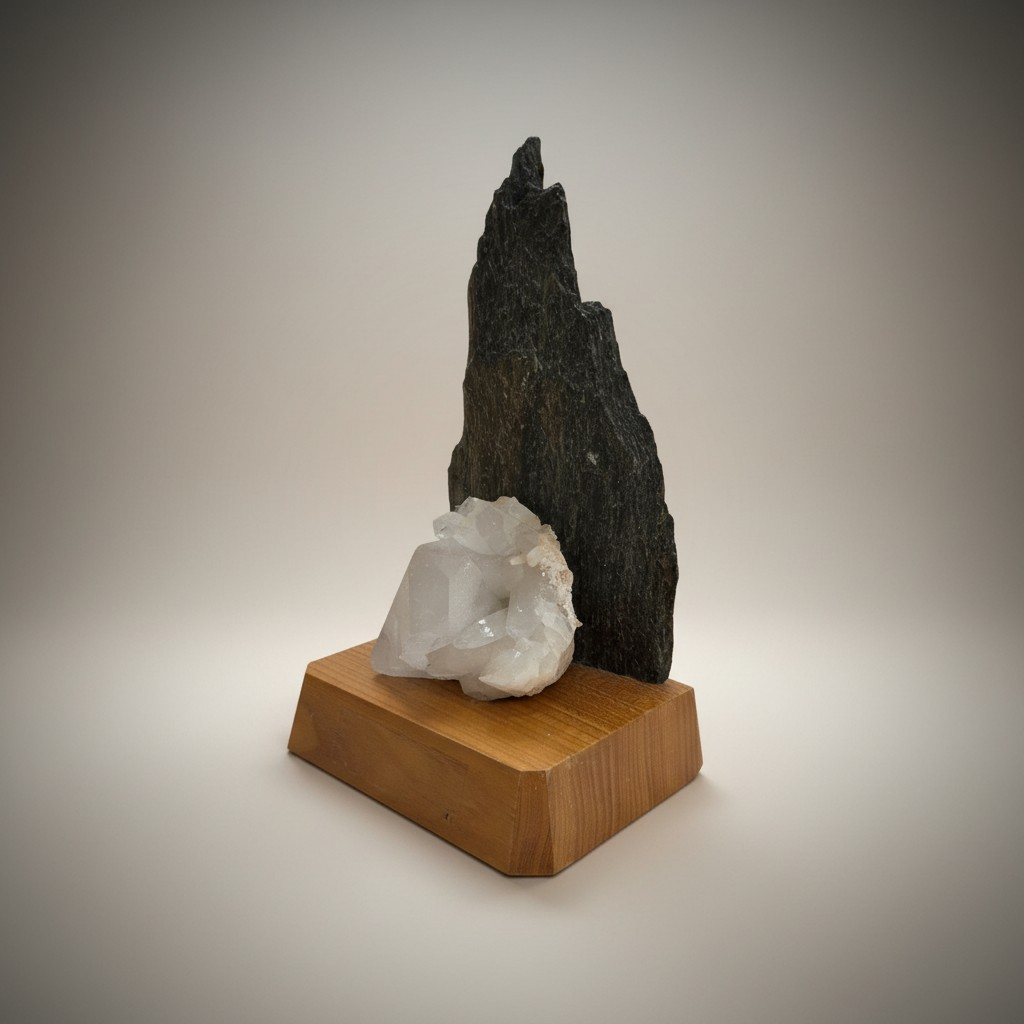 Dekoratives Mineralien-Arrangement mit Grünstein und Bergkristall auf Holzsockel