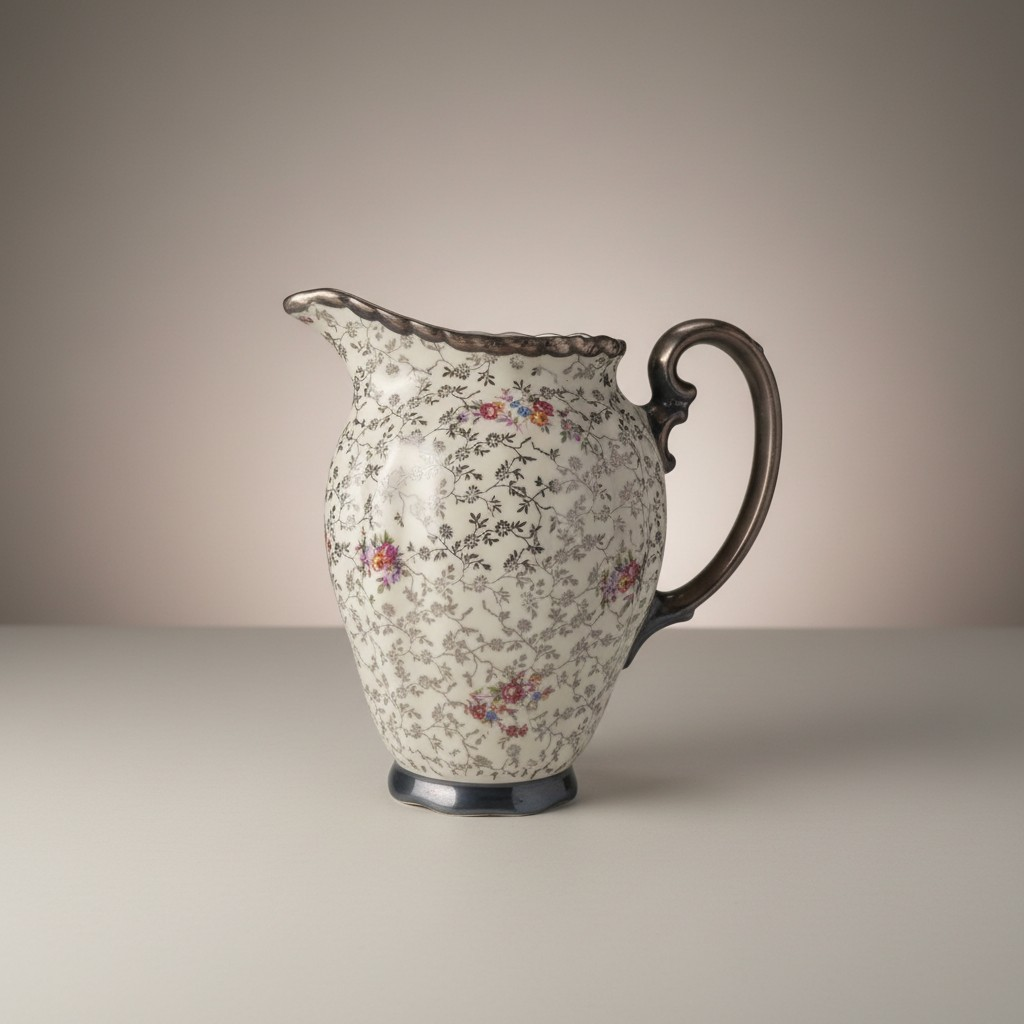 Edler Porzellankrug mit Feinsilber-Dekor und Blumenmuster