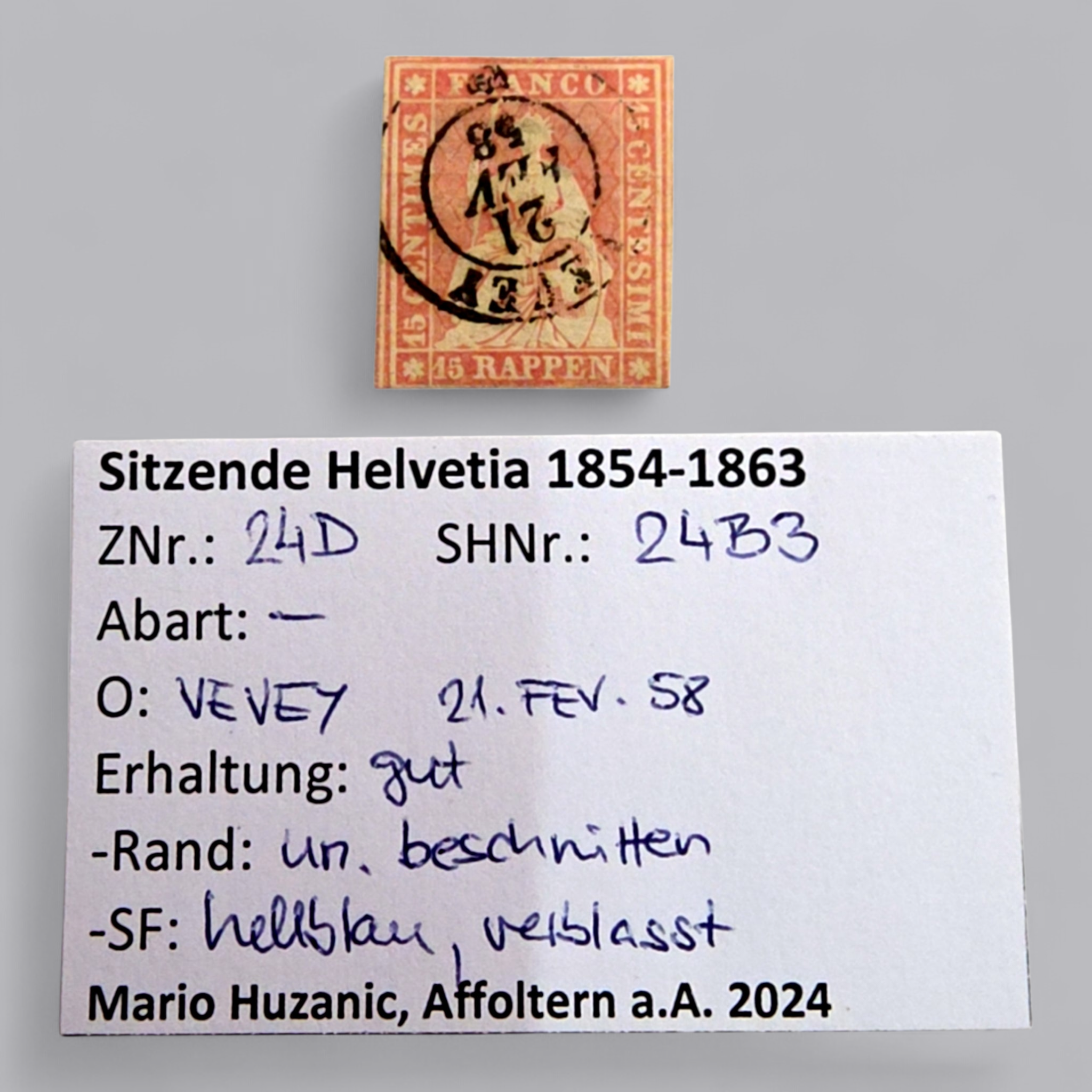 Sitzende Helvetia 1854–1863 – 15 Rappen Rot, gestempelt „Vevey 1858“