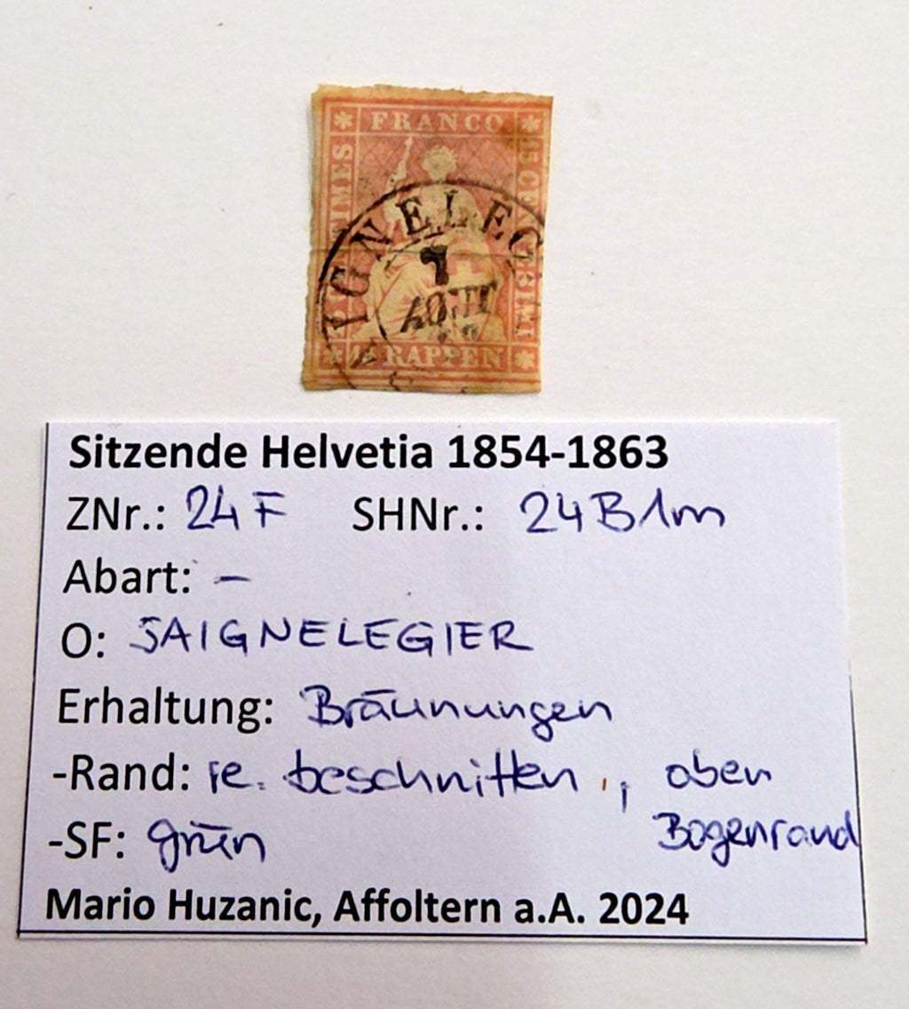 Sitzende Helvetia 1854–1863 – 15 Rappen Marke, gestempelt SAIGNELEGIER