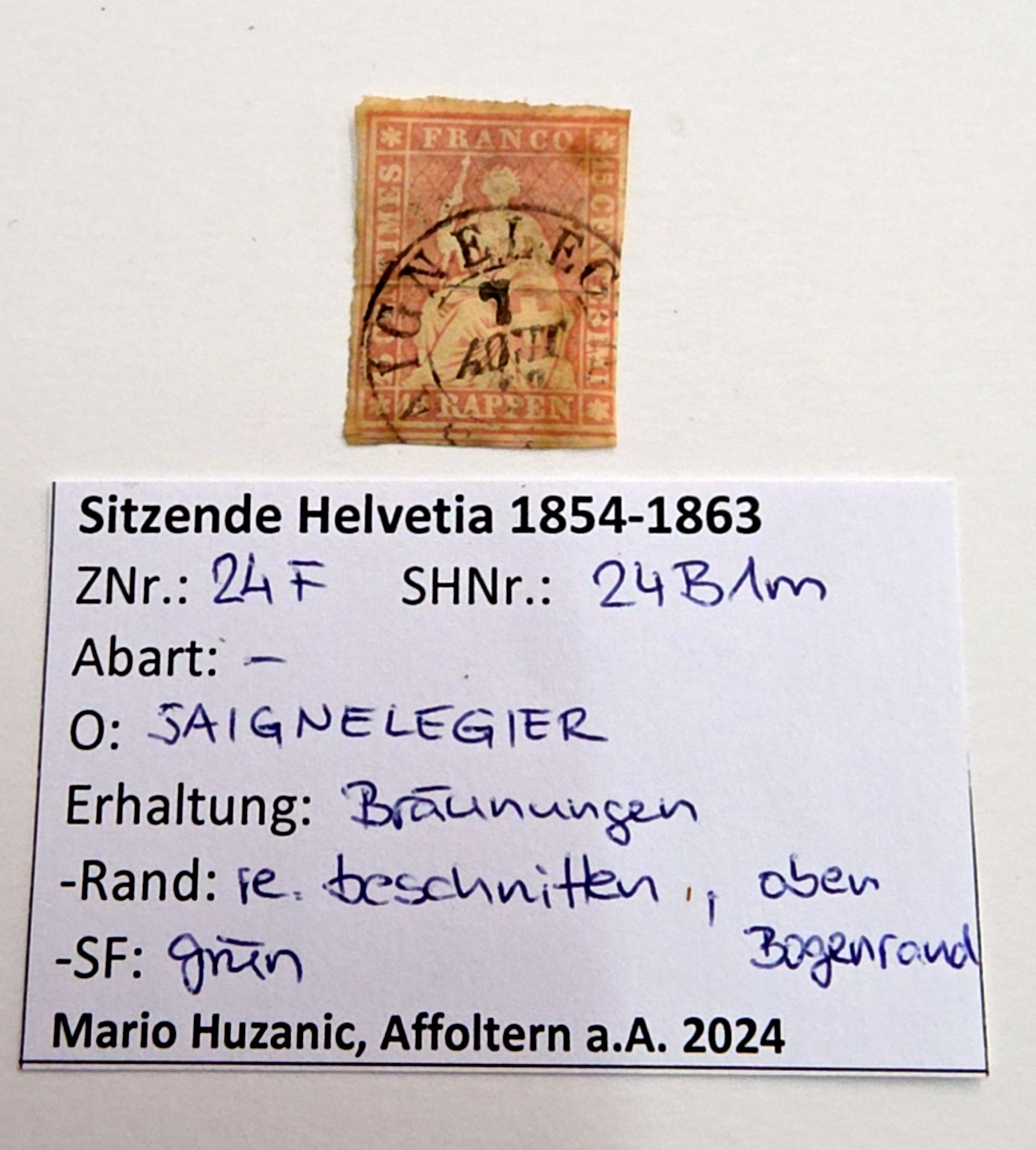 Sitzende Helvetia 1854–1863 – 15 Rappen Marke, gestempelt SAIGNELEGIER
