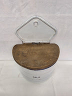 Vintage emaillierter Salzbehälter mit Holzdeckel