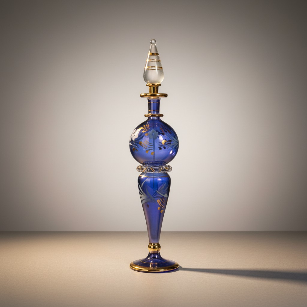 Eleganter Glasflacon in tiefem Violett mit Goldakzenten