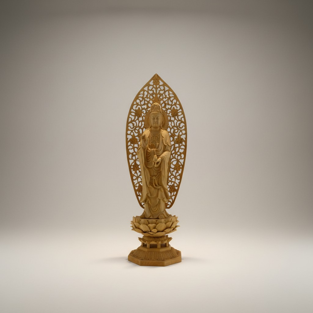 Anmutige Guanyin Holzskulptur auf Lotusthron – Meisterhafte Schnitzkunst