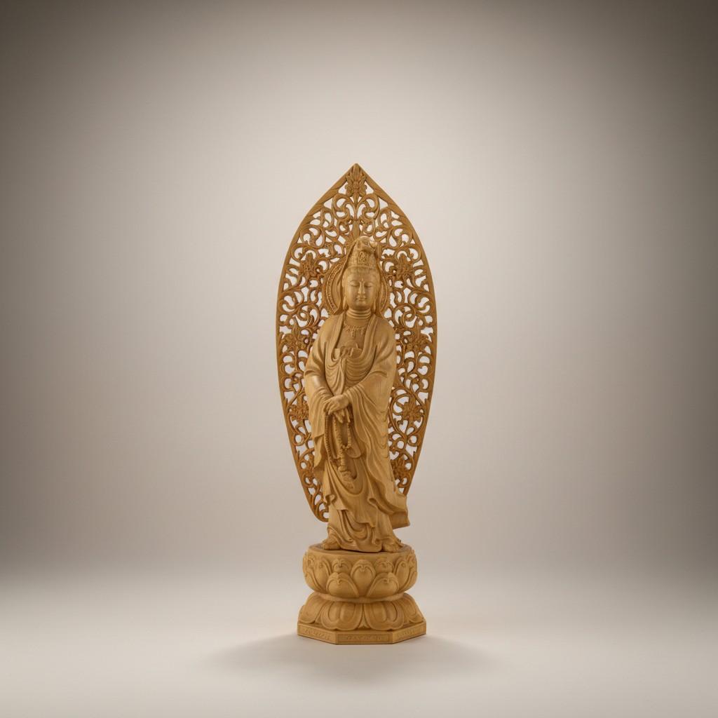 Filigrane Guanyin Skulptur auf Lotusthron – Asiatische Holzschnitzkunst