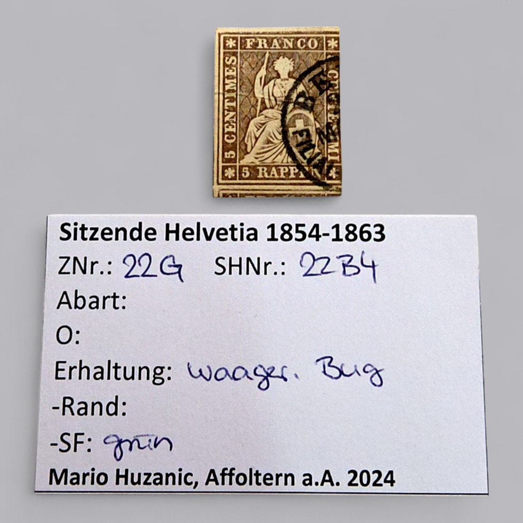 Sitzende Helvetia 1854–1863 – 5 Rappen Braun, gestempelt mit grünem Stempel