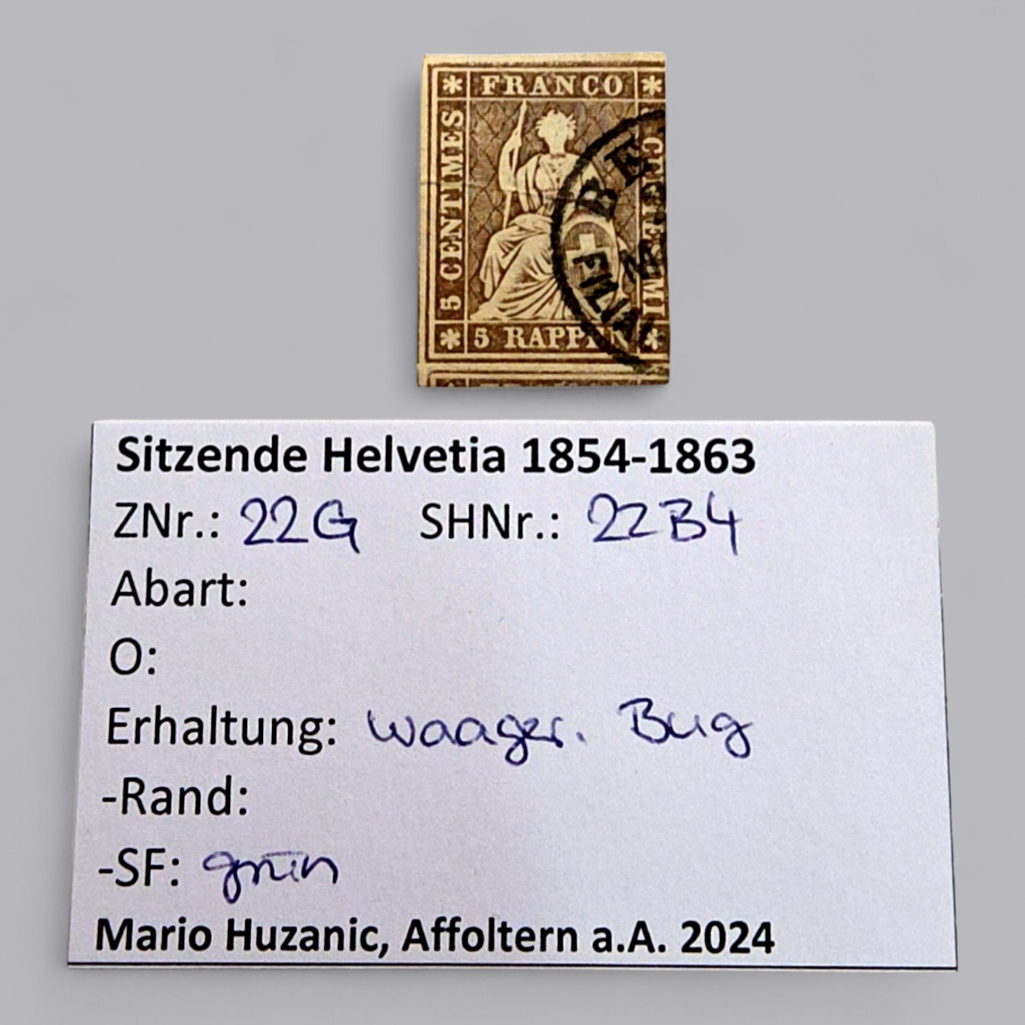 Sitzende Helvetia 1854–1863 – 5 Rappen Braun, gestempelt mit grünem Stempel