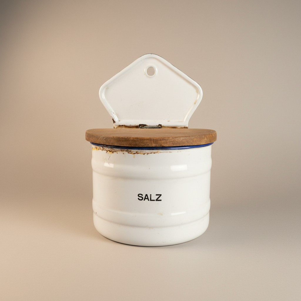 Vintage emaillierter Salzbehälter mit Holzdeckel