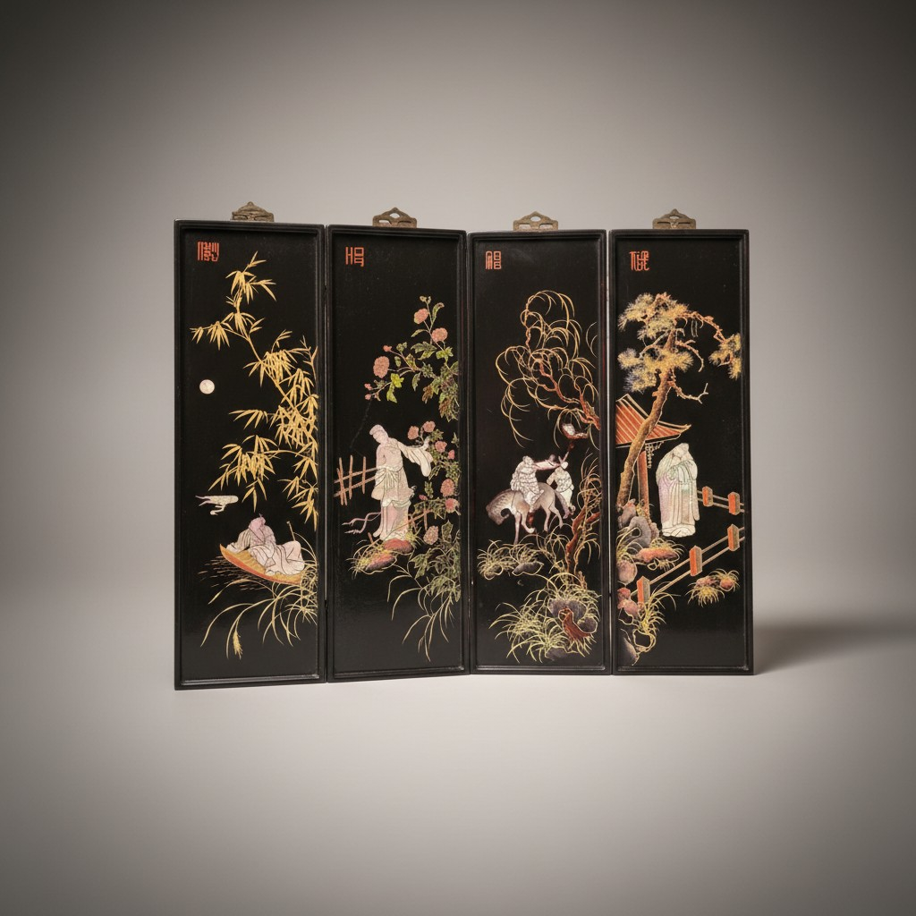 Vietnamesische Wandtafeln „Thành Lễ“ – 4-teiliges Set mit Perlmutteinlagen (je ca. 30 × 10 cm)