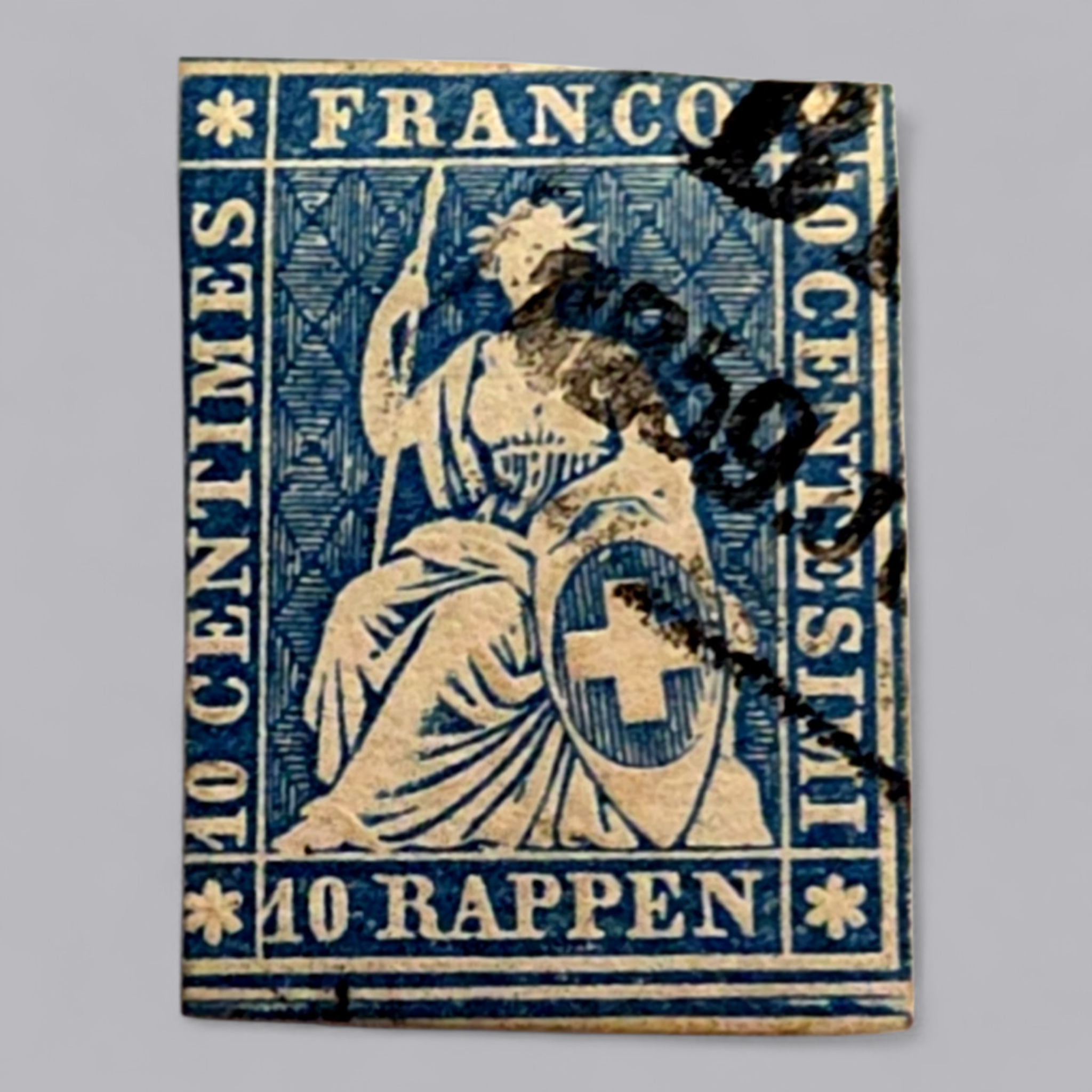 Sitzende Helvetia 1854–1863 – 10 Rappen Blau, gestempelt, klassische Schweiz-Marke