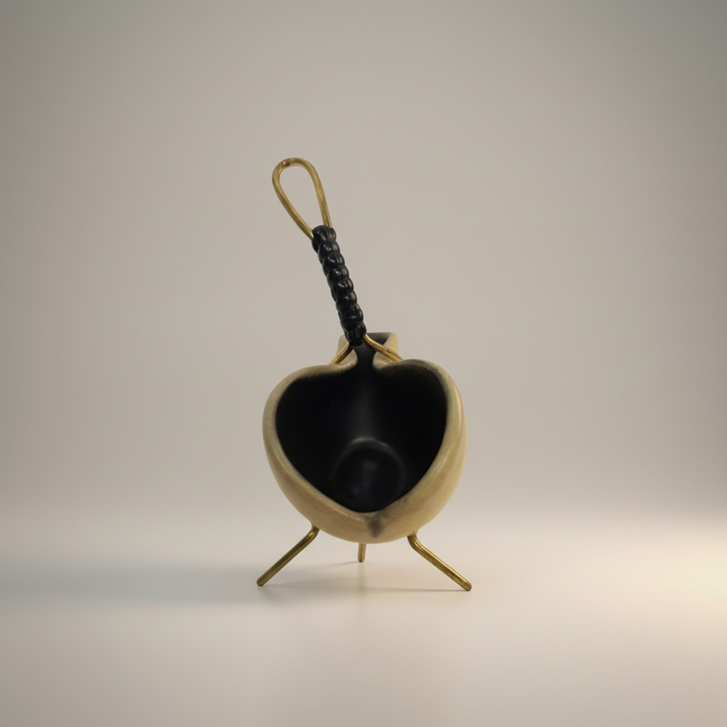 Mid-Century Designschale Gelb-Schwarz mit Messinghalterung